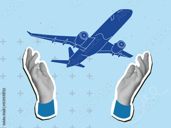 Fototapeta Black and white hands with a flying plane. Modern collage style. Vector illustration