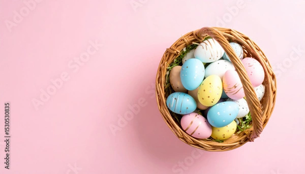 Fototapeta Basket brimming with vibrant Easter eggs, each miniature masterpiece of pastel hues, creates joyful and festive atmosphere perfect for spring celebrations