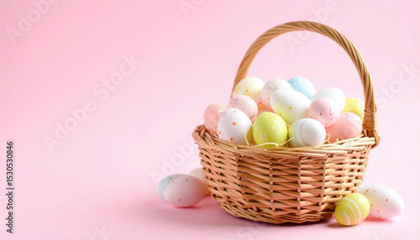 Fototapeta Basket brimming with vibrant Easter eggs, each miniature masterpiece of pastel hues, creates joyful and festive atmosphere perfect for spring celebrations