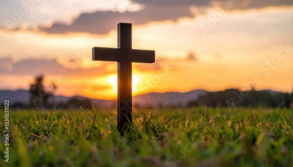 Fototapeta Black symbolic cross stands prominently against fiery sunset sky, creating striking silhouette that evokes sense of peace and reflection in serene landscape