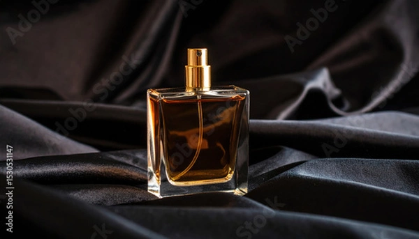 Fototapeta Bottle of shimmering perfume with dark glass design reflects light beautifully, standing elegantly on soft fabric, evoking sense of luxury and allure
