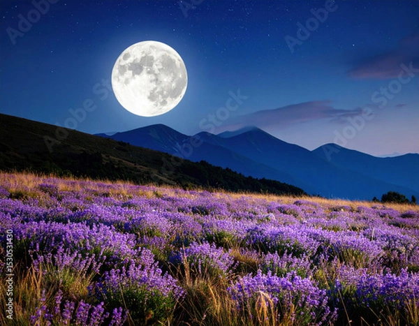 Fototapeta Breathtaking landscape features vibrant field of lavender under ethereal glow of full moon. serene mountains in background enhance tranquil atmosphere of this enchanting scene