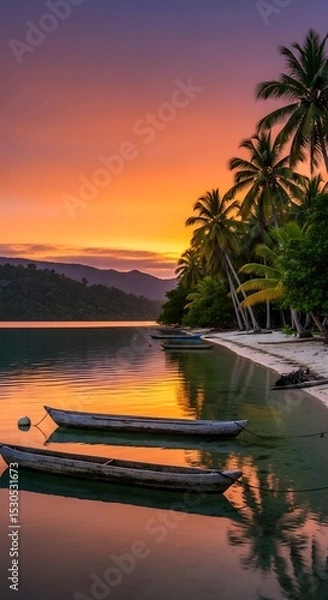 Fototapeta Tropical beach paradise sunset with boats and palm trees tranquil water scenery