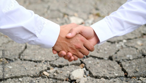 Fototapeta Businessman handshake symbolizes trust and collaboration, set against backdrop of cracked earth, representing resilience and determination in challenging times