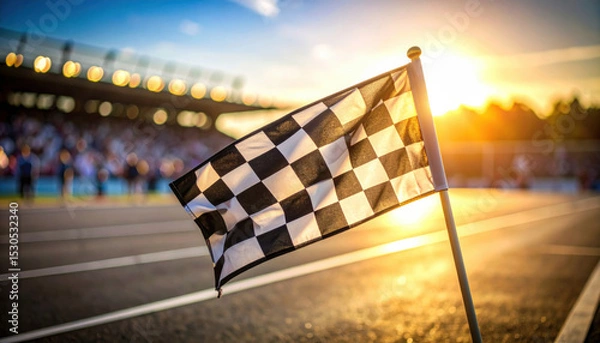 Fototapeta Checkered flag of black and white symbolizes speed and victory, standing proudly as sun sets behind vibrant stadium filled with cheering fans
