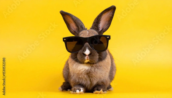 Fototapeta Cheerful fluffy bunny wearing stylish black sunglasses poses against bright yellow background, exuding playful and fun vibe that captures essence of joy and celebration