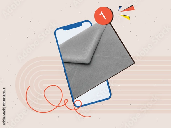 Fototapeta A phone with an unread letter in an envelope. Modern collage style. Vector illustration