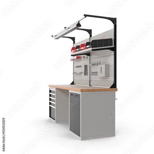 Fototapeta Industrial Workbench with Pegboard and Storage Drawers isolated on transparent background