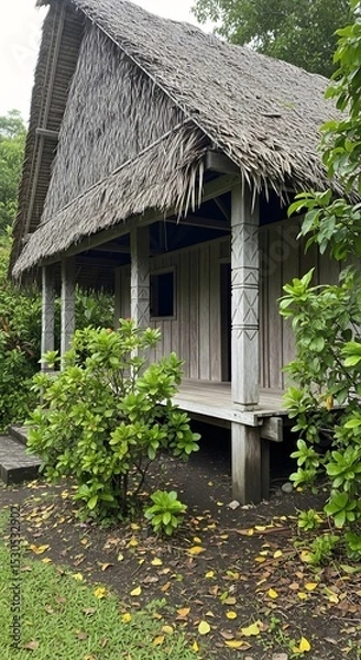 Fototapeta Tropical Hut with Thatched Roof, Lush Greenery, and Traditional Architecture Scenery