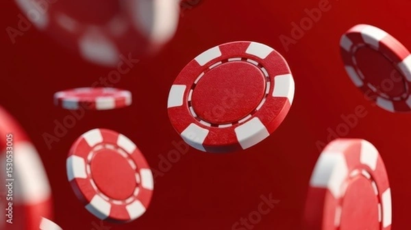 Obraz Casino chips are flying through the air on a bright red background, capturing the thrill of gaming. The vibrant color and motion evoke excitement and anticipation in the atmosphere