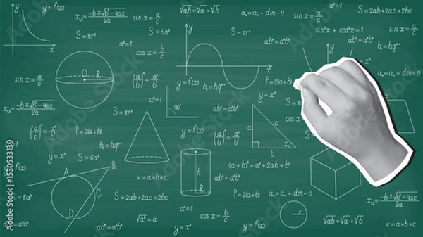 Fototapeta A hand writes a math formulas on a blackboard with chalk. Modern collage style. Vector illustration