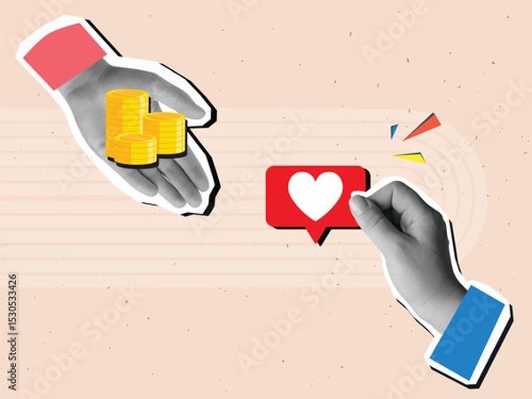 Fototapeta Black and white hands with gold coins and like symbol with a heart. Exchange money for likes - the concept of buying advertising in social media. Modern collage style. Vector illustration