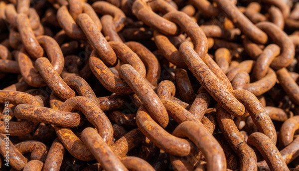 Fototapeta Closeup reveals weathered texture of rusty chain, showcasing its interwoven links and intricate details, evoking sense of industrial history and resilience