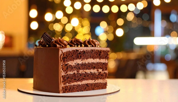 Fototapeta Closeup shot of decadent chocolate cake showcasing its rich layers and glistening icing, surrounded by warm, inviting atmosphere with soft bokeh lights