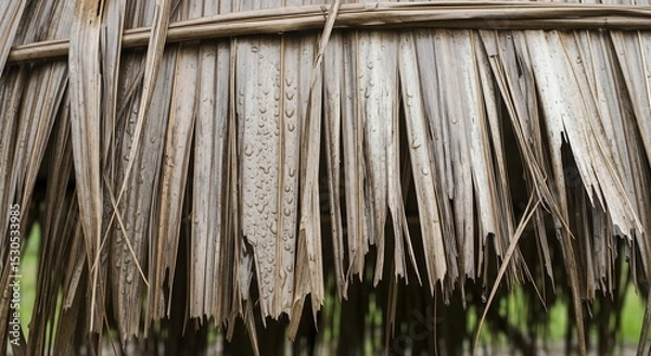 Fototapeta Tropical Thatch Roof Texture with Raindrops, Detailed Natural Architecture and Weathered Surface