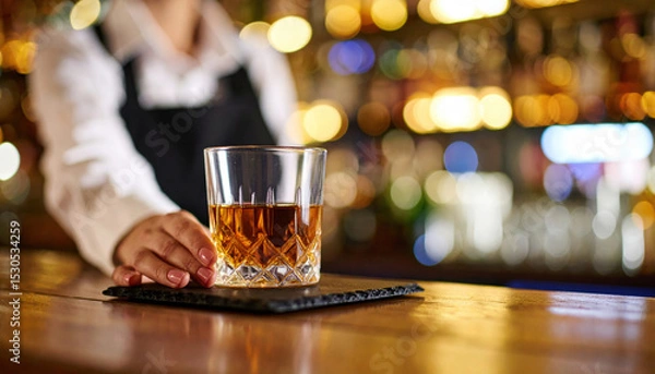 Fototapeta Bartender serves crystal glass of amber whiskey on chilled slate coaster, creating warm and inviting atmosphere in bar setting. blurred background adds to ambiance