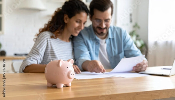 Fototapeta Closeup shot reveals small piggybank on wooden table, with couple reviewing financial documents together, showcasing moment of planning and collaboration