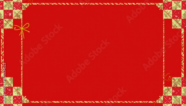 Fototapeta Bright red background with decorative golden and patterned borders, perfect for festive occasions. This vibrant design evokes cheerful and celebratory atmosphere, ideal for invitations or greeting