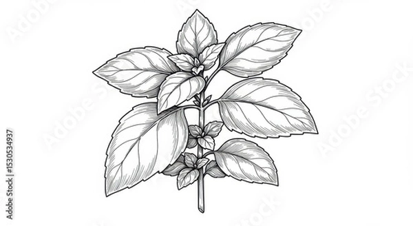 Fototapeta Detailed Line Drawing of a Basil Plant with Overlapping Leaves