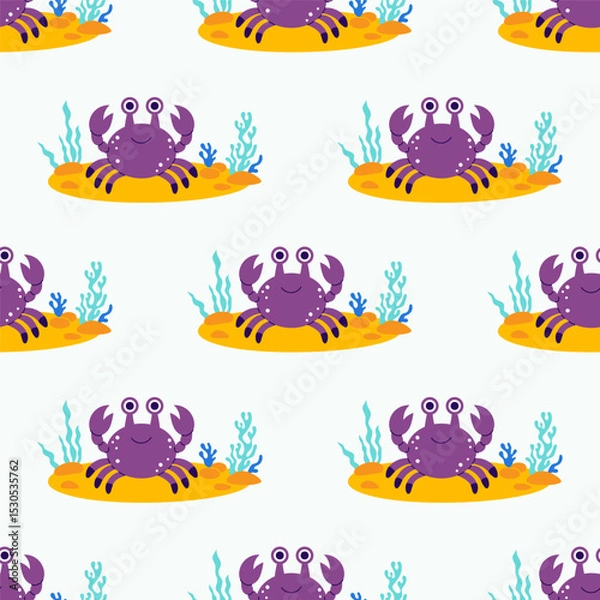 Fototapeta Underwater Seamless Pattern. Cute Crab and Sea algae, sandy seabed on White Background. Vector Illustration. Kids collection