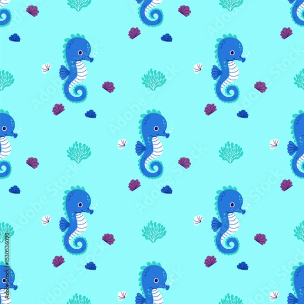 Fototapeta Underwater Seamless Pattern. Cute Sea Seahorse on Blue Background with shells and corals. Vector Illustration