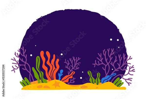 Fototapeta Tropical Sea Plants, seaweed, Coral and sandy seabed on dark blue background. Underwater landscape. Vector illustration