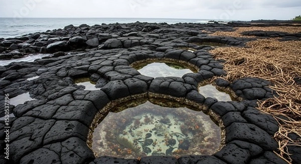Fototapeta Unique Hawaiian Coastline: Black Lava Rock Pools and Ocean Seascape Photography
