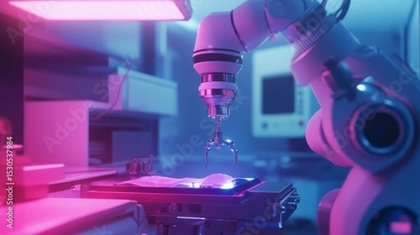 Fototapeta A robotic arm delicately interacts with a surface in a futuristic lab. The scene captures advanced technology in action. Innovation drives progress every day. Generative AI