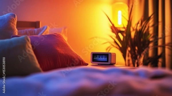 Fototapeta Cozy bedroom with soft lighting and colorful pillows. A bedside clock adds a modern touch. This serene atmosphere is perfect for relaxation and rest. Generative AI