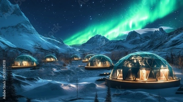 Fototapeta Glistening domes under the northern lights create a magical landscape. A peaceful retreat where nature meets modern design. Experience tranquility in nature. Generative AI