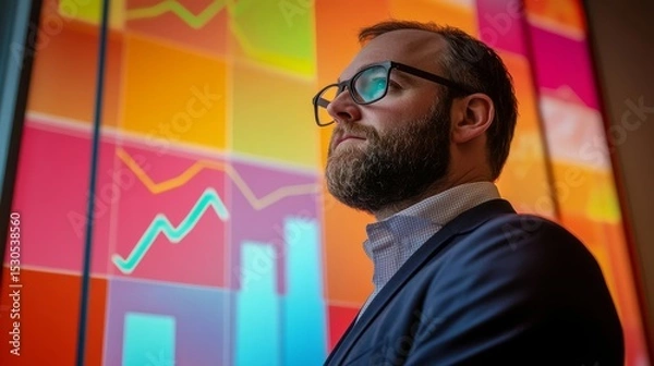 Fototapeta A professional man stands thoughtfully in front of vibrant data visuals. His focused gaze reflects insights and analysis. Data is essential for progress. Generative AI