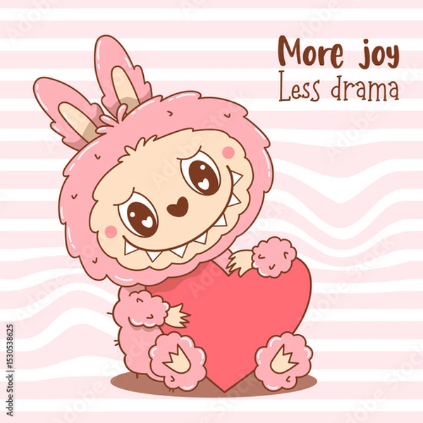 Fototapeta Cute Pink Monster Toy with Heart. Cool card with Funny kawaii Fluffy Character on Groovy Distorted Stripe Background. Vector illustration. Kids collection for sticker, mascot and design