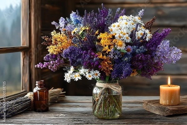Fototapeta Natural floral centerpiece with summer flowers high resolution image
