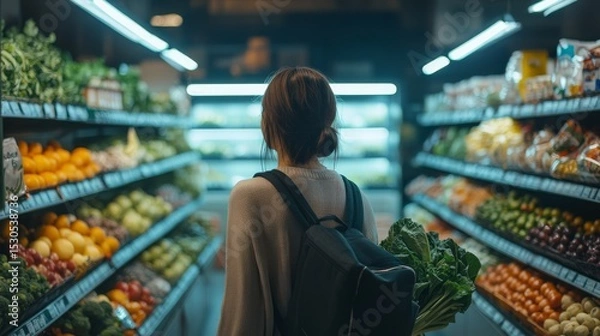 Fototapeta A woman explores the vibrant produce section of a grocery store. Fresh fruits and vegetables surround her. The atmosphere is inviting and colorful. Generative AI