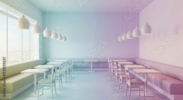 Obraz Pastel Hues in a Minimalist Interior Featuring Tables and Spherical Lamps