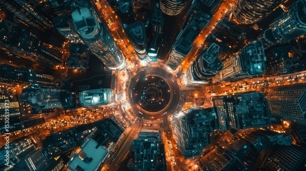 Fototapeta Aerial view of a vibrant cityscape captured at night. Bright lights and busy streets create a mesmerizing pattern. Explore urban life from above. Generative AI
