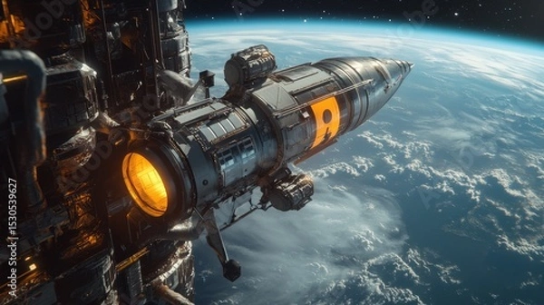 Fototapeta A futuristic spacecraft hovers near Earth. The design showcases advanced technology and cosmic exploration. A journey to the stars awaits us. Generative AI