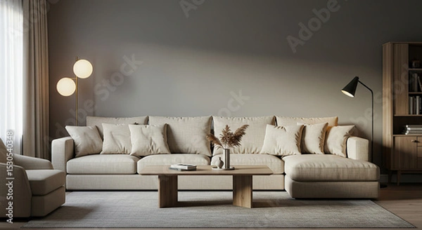 Obraz Serene and Minimalist Interior Design Featuring a Comfortable Beige Sectional Sofa