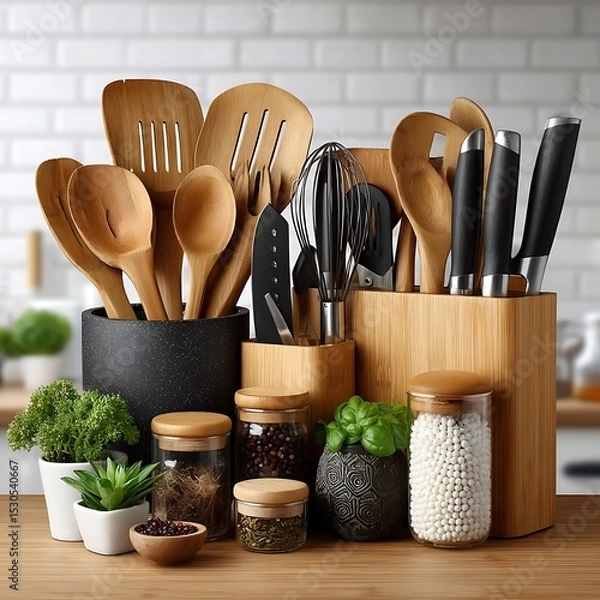 Fototapeta Natural kitchen with bamboo container tools high resolution image