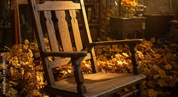 Obraz Rustic rocking chair nestled amid autumnal leaves evoking feelings of nostalgia