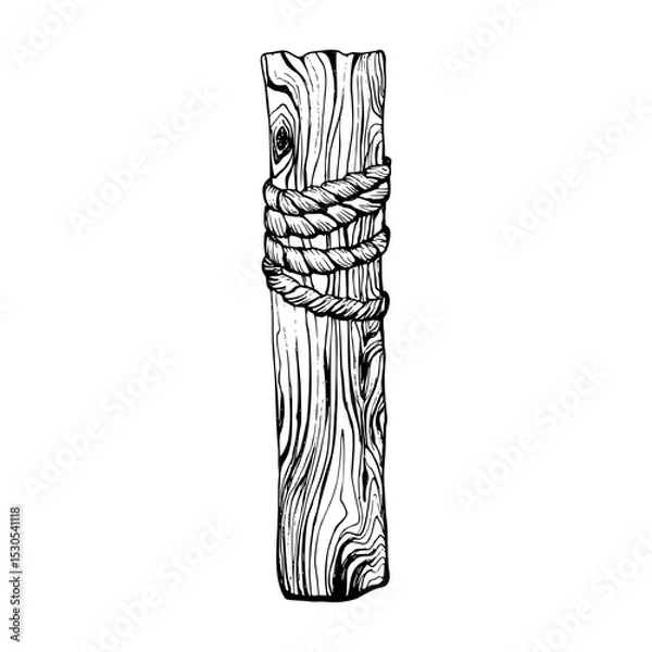 Fototapeta A wooden mooring post with a coiled rope tied around it. Black and white vector illustration capturing a nautical, rustic marine theme. Isolated on white. Ideal for seaside or coastal design elements.