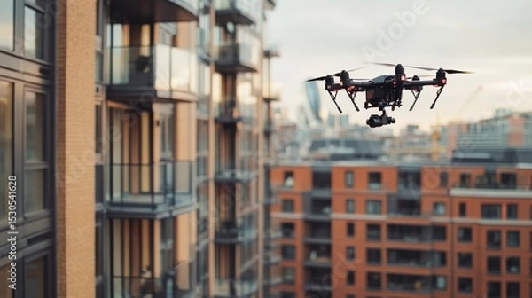 Fototapeta Aerial view of a modern drone flying near urban residential buildings. Innovative technology meets the cityscape. Discover the future of aerial photography. Generative AI