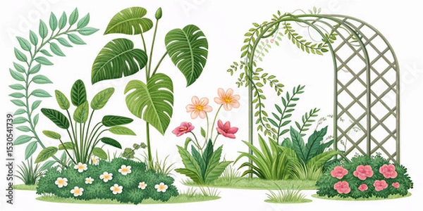Obraz PNG Lush green garden elements, element set on transparent background