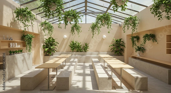 Obraz Serene botanical cafe interior with hanging plants and minimalist furniture
