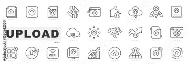 Fototapeta Set of upload related line icons. Online, arrow, up, cloud etc. Editable stroke. Set 3