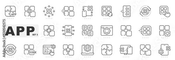 Fototapeta Set of mobile app related line icons. Device, screen, application, program etc. Editable stroke. Set 3