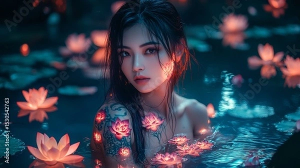 Fototapeta A serene moment captured in water. The beauty of nature surrounds a young woman. She embodies grace and tranquility. Floral reflections add vibrancy. Generative AI