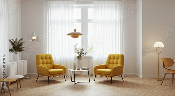 Obraz Serene interior ambiance featuring bright yellow armchairs and natural light