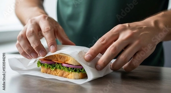 Fototapeta Wrapping Sandwich with Fresh Vegetables: Preparing a Healthy Lunch at Home