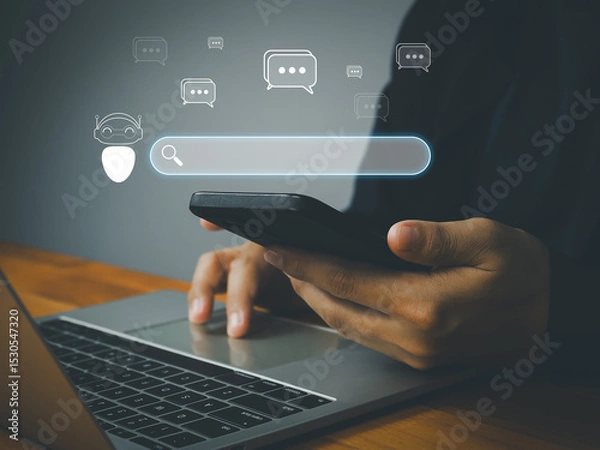 Obraz A person using smartphone and laptop with chatbot and search bar icons, symbolizing digital communication and ai assistance in modern workspace